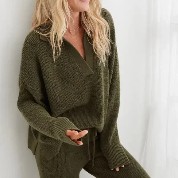 Aerie CozyUp Waffle Knit Polo Sweater Olive Green Size XL - Picture 1 of 7